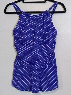 Kim Rogers Polka Dot High Neck Peplum Tankini Top Swim Top Size L Blue and White